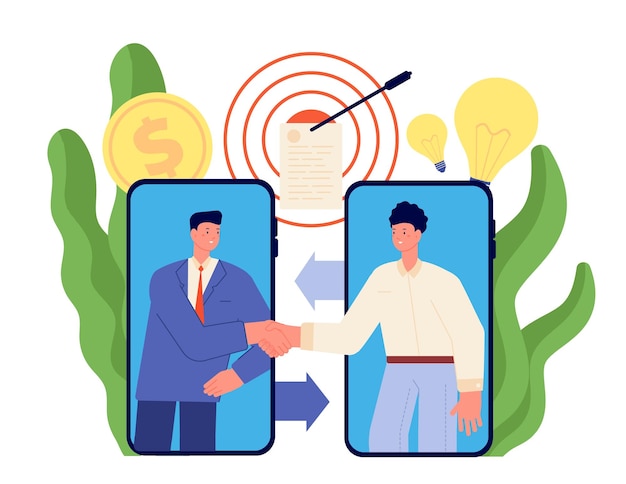 Acuerdo en línea Socios comerciales de dibujos animados apretón de manos comunicación tecnológica Trato web relación de colaboración concepto de vector total
