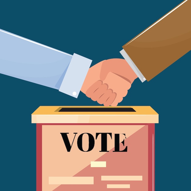 Acuerdo político de apretón de manos sobre una urna de votación que simboliza la colaboración o el acuerdo en las elecciones
