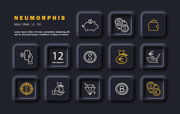 Acumulación de finanzas icono de línea de conjunto Piggy banco cambio de divisas billetera teléfono inteligente monedas de dólar joyería diamante estilo Neomorfismo icono de linea vectorial para negocios y publicidad