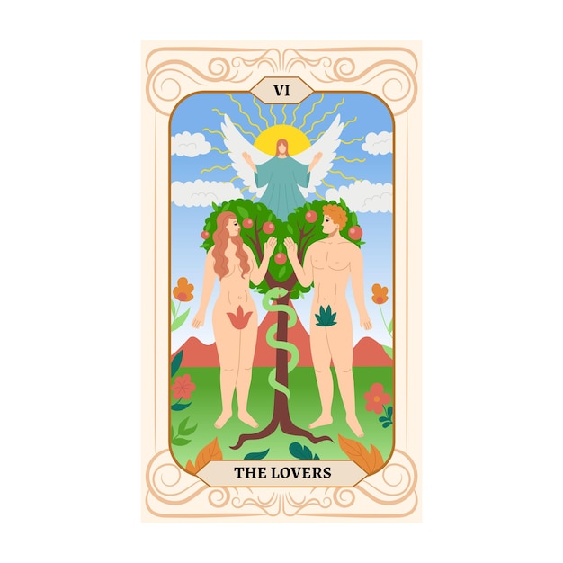 Vector adán y eva en el jardín del edén tarot de los arcanos mayores los amantes