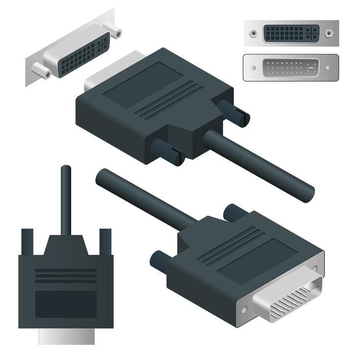 Vector adaptador dvi isométrico conector de cable de interfaz visual digital transmisión de video digital aislado en blanco