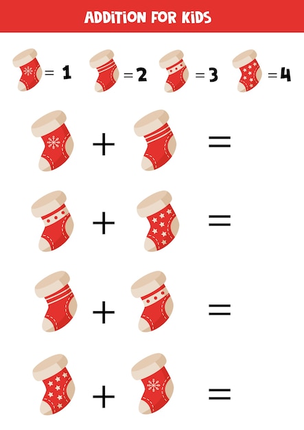 Además con calcetines de Navidad de dibujos animados. Juego educativo de matemáticas para niños.