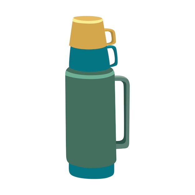 Además de eso, hay un termo verde y azul encima del cual hay 2 tazas de plástico ilustradas con vectores