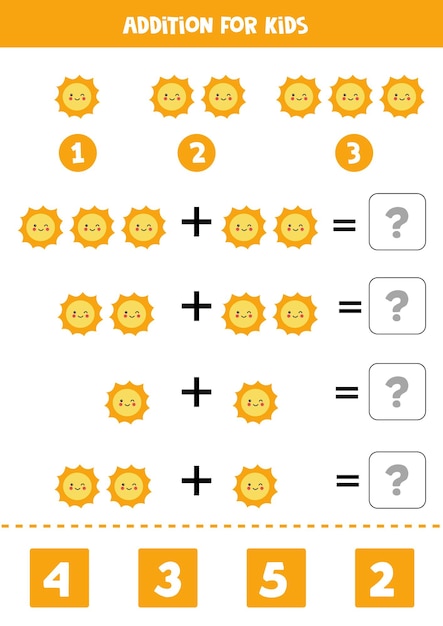 Además con lindo sol kawaii. Juego educativo de matemáticas para niños.