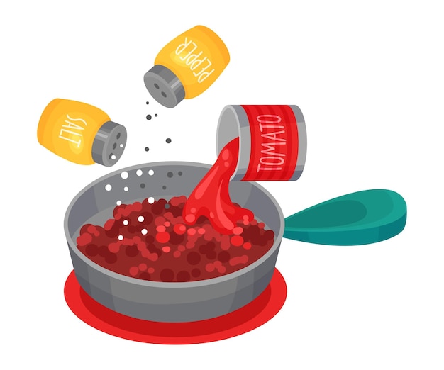 Vector aderezo de carne picada con sal y pimienta y adición de tomates para la preparación de lasagna ilustración vectorial
