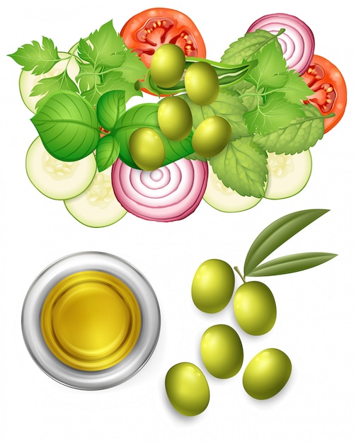 Vector aderezo de ensalada y aceite de oliva