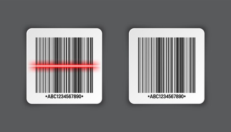 Vector adhesiva de código de barras realista en fondo gris identificación código de seguimiento número de serie identificación del producto