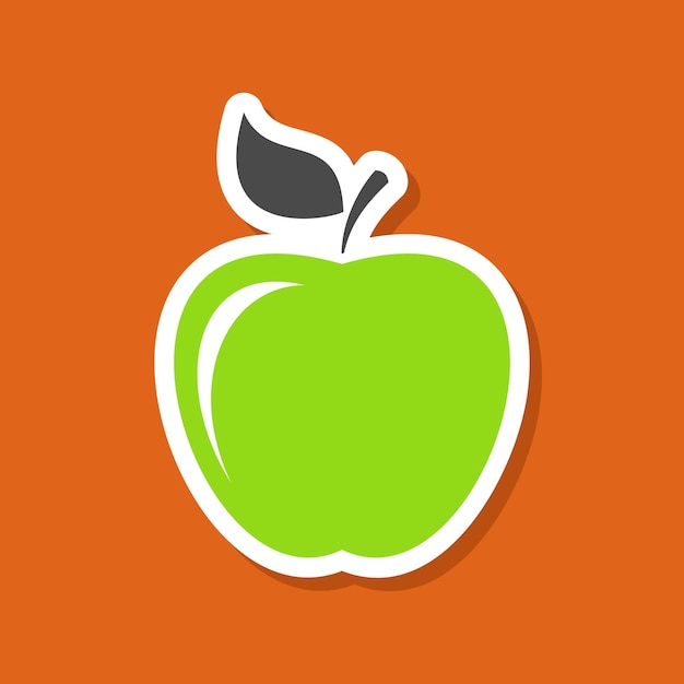 Adhesiva de manzana en estilo plano con sombra Icono vectorial de fruta Manzana verde sobre fondo naranja