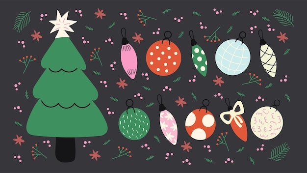 Adhesivas de año nuevo de Navidad en estilo de dibujos animados Regalos Árbol de Navidad comodidad Ilustración de dibujus animados de vacaciones de Papá Noel en estilo retro doodles p3