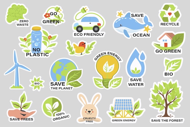 Adhesivas ecológicas con eslóganes establecen elementos en el diseño gráfico plano Colección de cero residuos, vaya verde, ecológico, guarde el océano, recicle sin plástico, bio, orgánico, libre de crueldad, ilustración vectorial
