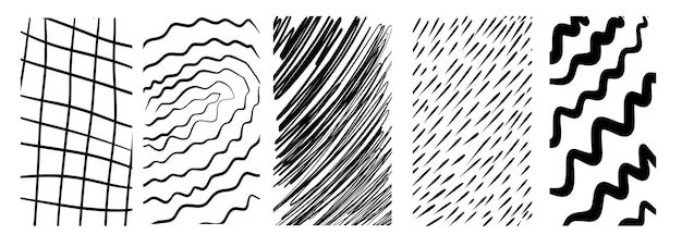 Adhesivas horizontales negras con varias texturas de salto de lápiz dibujadas a mano Vector Naive Doodle Patterns Elementos de diseño para publicaciones en redes sociales