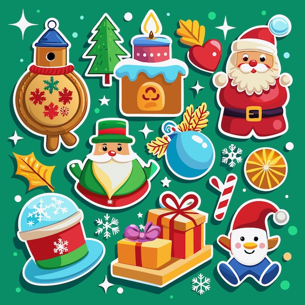 Adhesivas navideñas con adornos y regalos de muñecos de nieve de Papá Noel sobre fondo verde