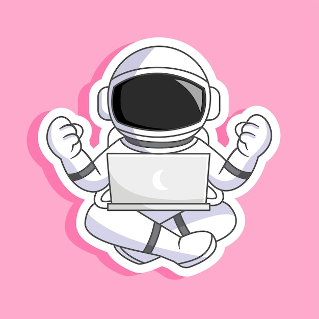 Adhesivo del astronauta celebrando el éxito mientras usa una computadora portátil en el espacio d ilustración vectorial de dibujos animados