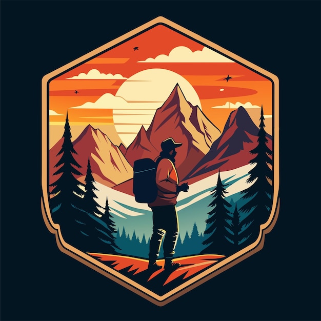 Un adhesivo de camiseta aventurero con un paisaje montañoso escarpado en picos altísimos al atardecer