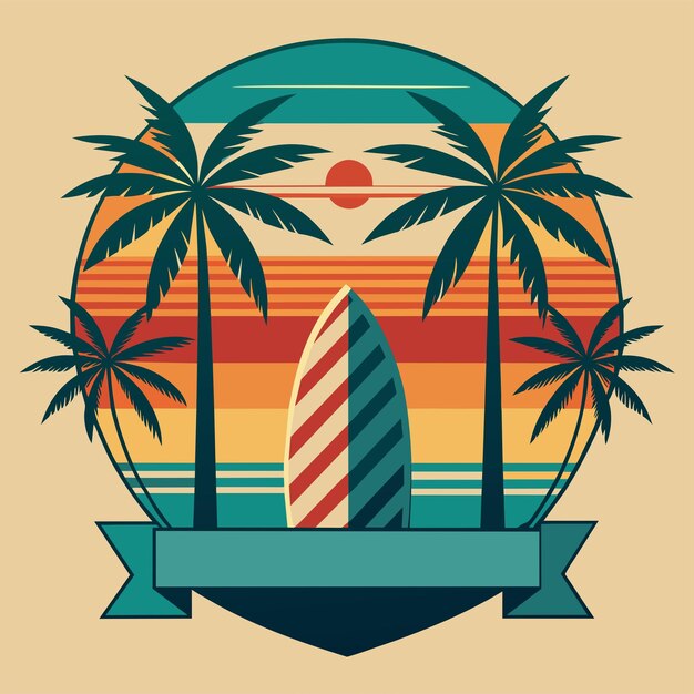 Adhesivo de camiseta de diseño retroinspirado con tablas de surf vintage y palmeras