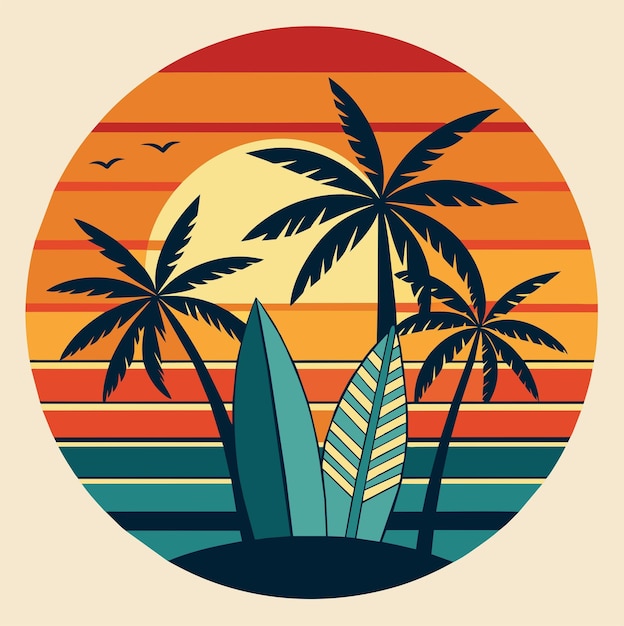 Vector adhesivo de camiseta de diseño retroinspirado con tablas de surf vintage y palmeras