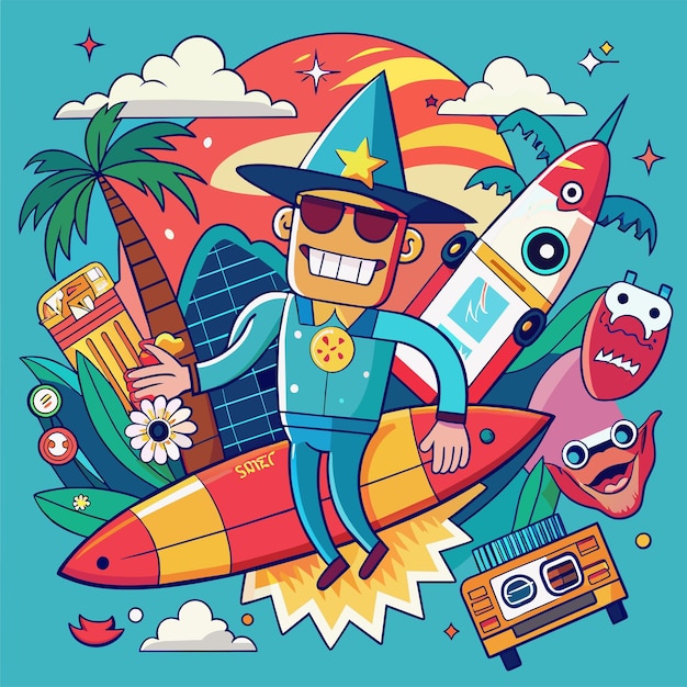 Vector adhesivo de camiseta de una ilustración humorística que fusiona referencias a la cultura pop con motivos de surf