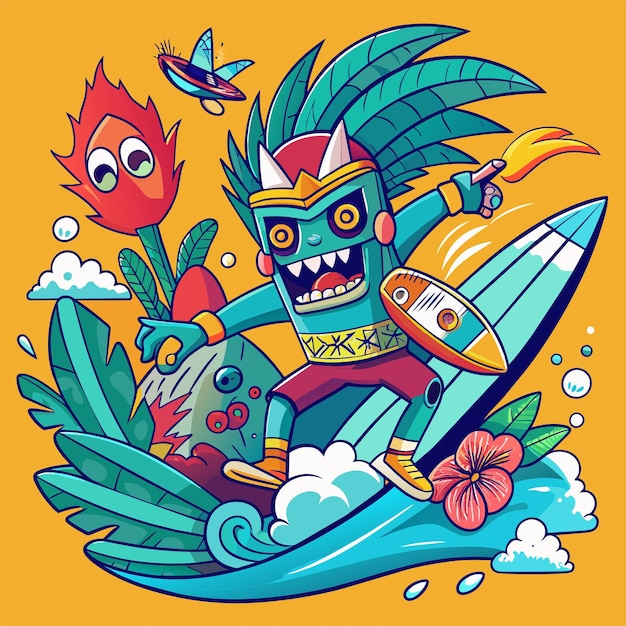 Vector adhesivo de camiseta de una ilustración humorística que fusiona referencias a la cultura pop con motivos de surf