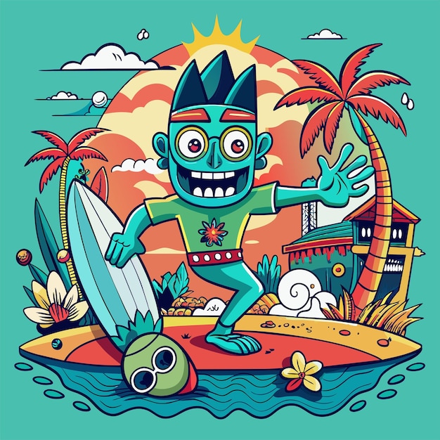 Adhesivo de camiseta de una ilustración humorística que fusiona referencias a la cultura pop con motivos de surf