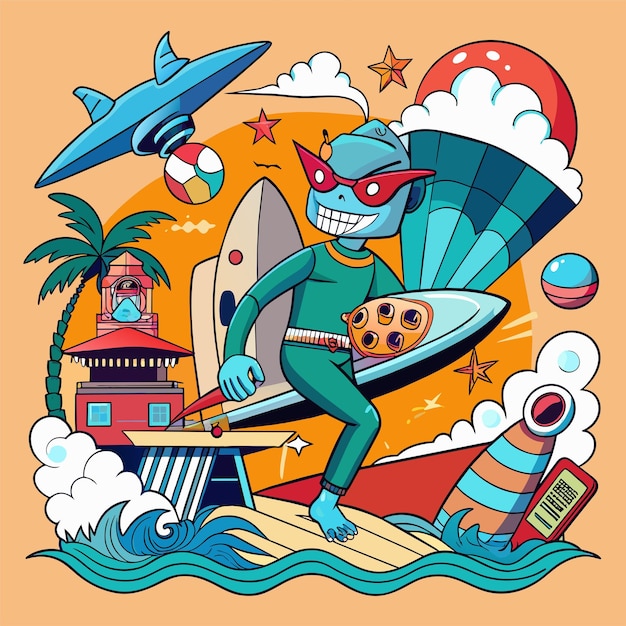 Adhesivo de camiseta de una ilustración humorística que fusiona referencias a la cultura pop con motivos de surf