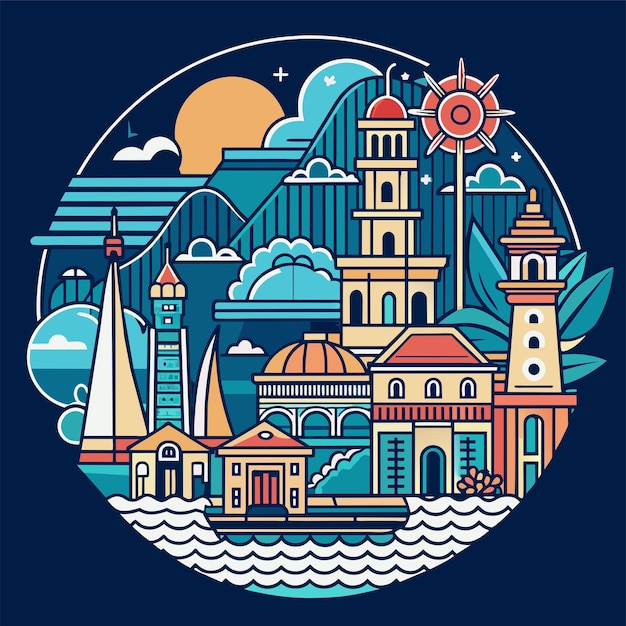 Vector adhesivo de camiseta de un incorporate intrincado arte de líneas que representa puntos de referencia icónicos del destino costero