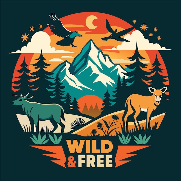 Vector adhesivo de camiseta de wild and free channel su aventurero interior con un diseño con majestuoso