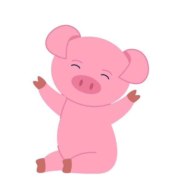 Adhesivo de cerdo lindo Animales rosados adorables sentados Mamíferos y ganado Personaje lindo para niños Adhesivo para redes sociales y mensajeros Ilustración vectorial plana