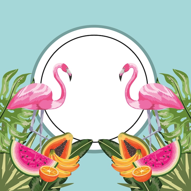 Adhesivo circular con flamenco y frutas tropicales.