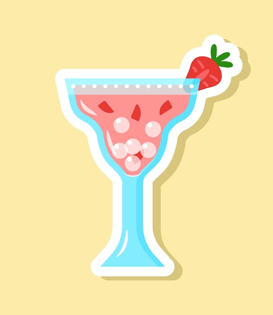 Adhesivo de cóctel rojo vectorial al estilo de dibujos animados bebida fría aislada en el vaso con fresa
