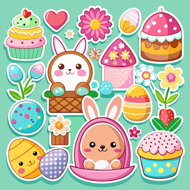Adhesivo de conejo de Pascua con una canasta llena de huevos y pasteles