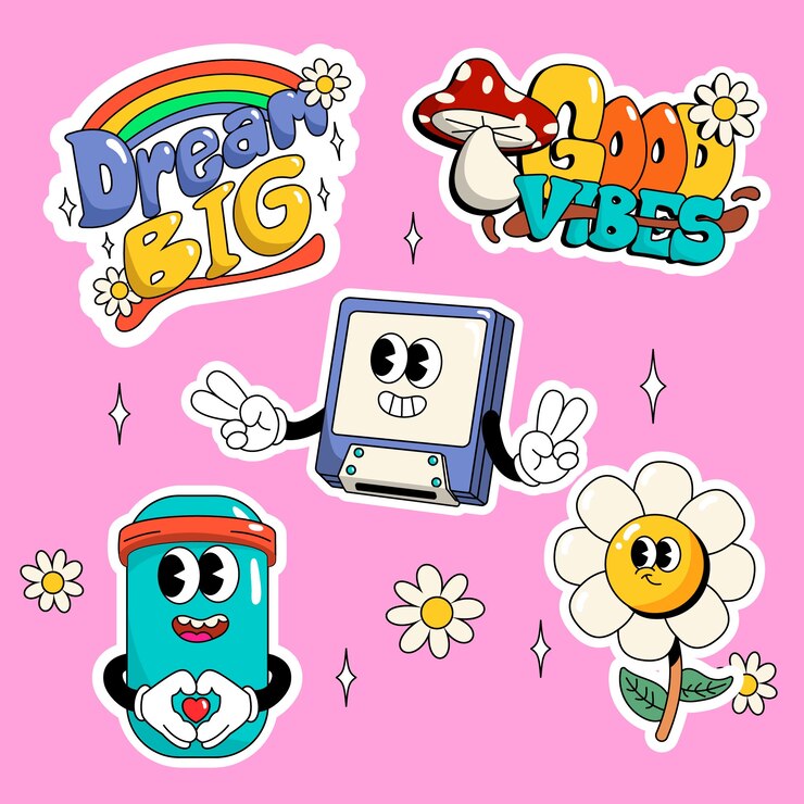 Adhesivo de dibujos animados de buenas vibraciones dibujado a mano
