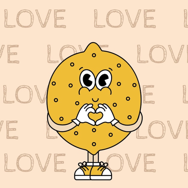 Adhesivo de dibujos animados retro con cómico gracioso personaje de limón manos con guantes dibujos a mano de cómics