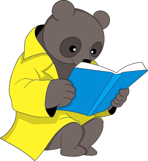 Adhesivo educativo de un oso leyendo un libro de ciencias en abrigo amarillo