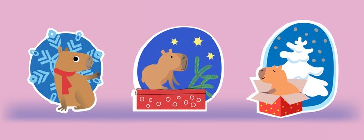 Vector adhesivo fresco de navidad capibaras lindas con regalo de copo de nieve de año nuevo en calcetines y bufanda de punto