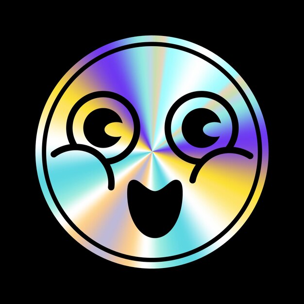 Adhesivo holográfico con cara de dibujos animados en un estilo retro y2k de moda