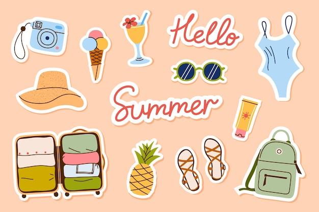 Adhesivo de ilustración vectorial establecido en palabras de viaje y vacaciones hola iconos de verano de la maleta sombrero de sol