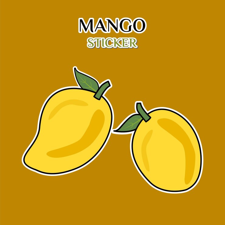Adhesivo de mango amarillo vectorial con hojas de mango pastel de frutas de personaje de dibujos animados clip art