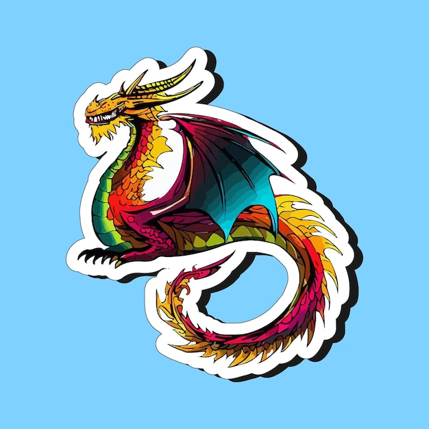 Vector adhesivo moderno de dibujos animados de mascota estilizada con personaje de dragón para imprimir
