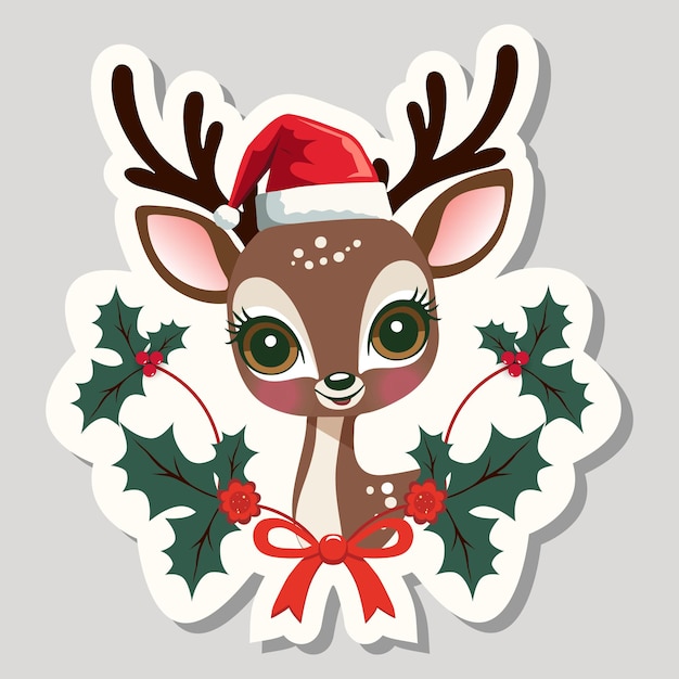 Adhesivo de Navidad cabeza de ciervo en sombrero de Papá Noel personaje de invierno renos elemento de Feliz Navidad