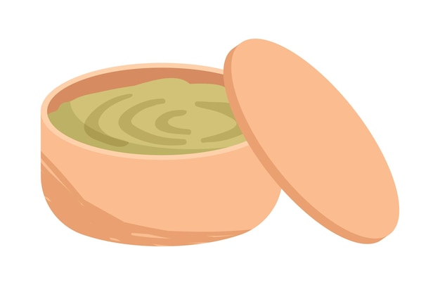 Vector adhesivo de un plato pequeño y lindo lleno de aceite o salsa vegetariana orgánica verde en fondo blanco concepto de