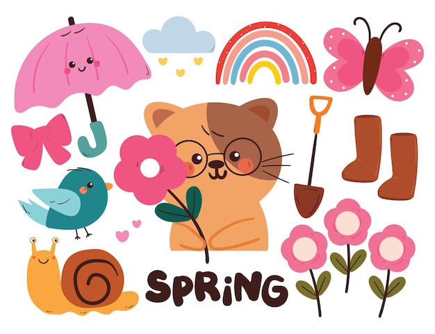 Adhesivo de primavera de dibujos animados a mano con animales de dibujes animados y cosas de plantas adhesivo lindo