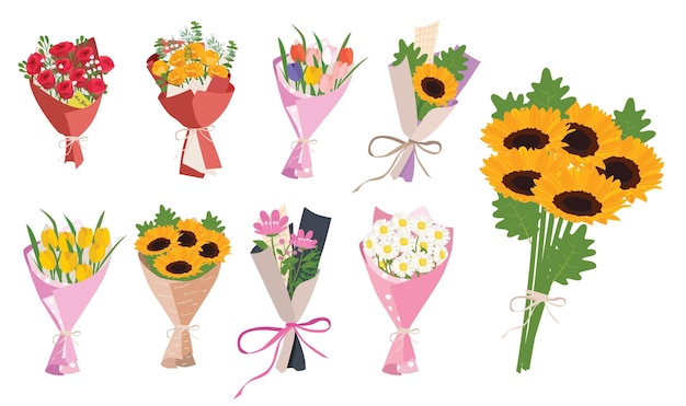 Adhesivo de ramo de flores Ramo de girasol, rosa, tulipán y margarita Vector plano en estilo de dibujos animados