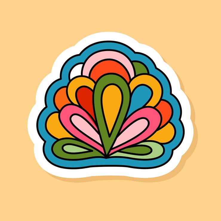 Vector adhesivo retro de flor aislado en fondo amarillo icono de dibujos animados de estilo de los años 70