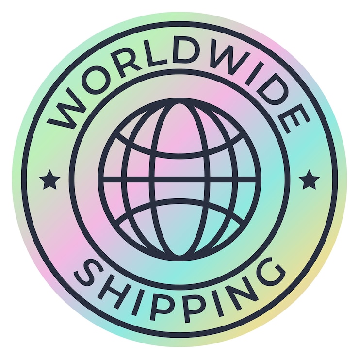 Vector adhesivo de sello redondo aislado de holographic worldwide shipping con ilustración vectorial de estrellas
