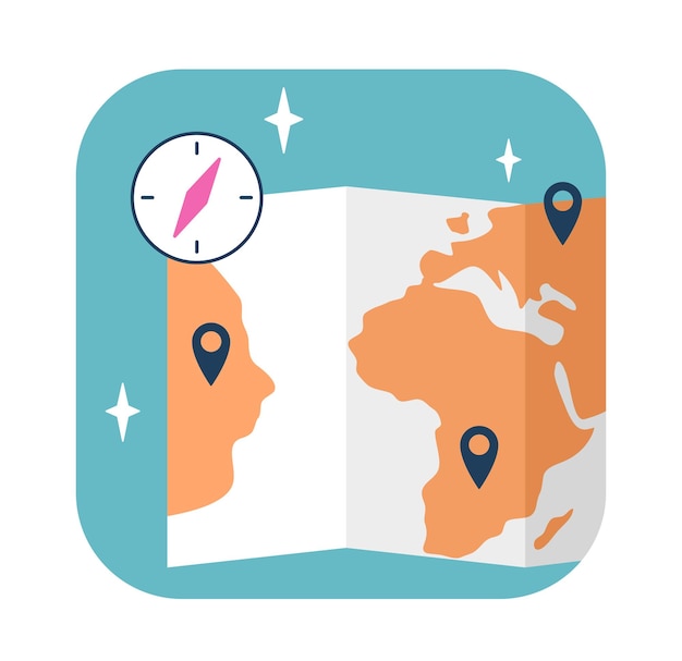 Adhesivo de suministro de geografía Mapa del mundo con brújula Educación y aprendizaje de formación Adhesivo para redes sociales y mensajeros Ilustración vectorial plana