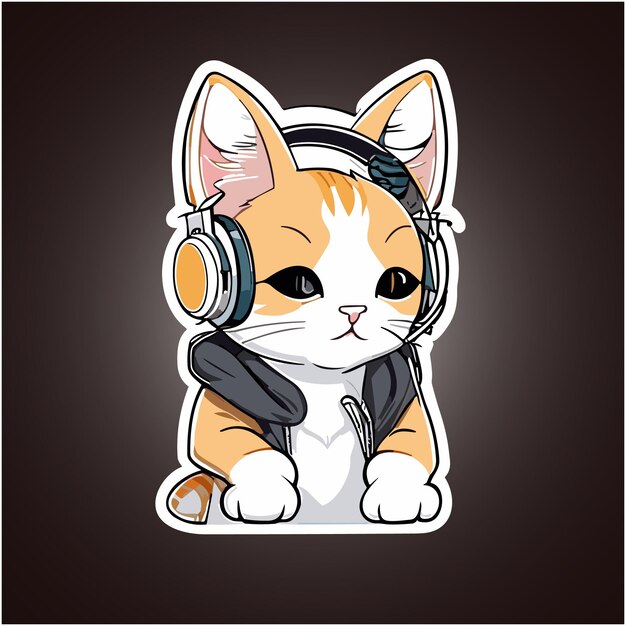 Adhesivo vectorial de un gato en el estilo con auriculares