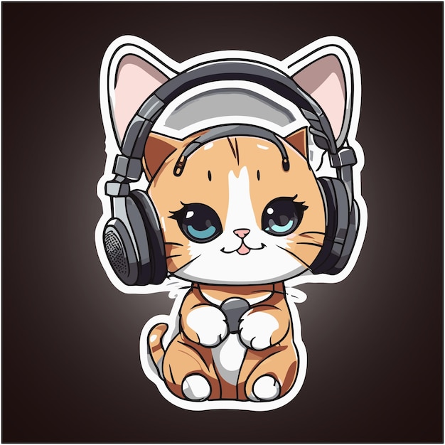 Adhesivo vectorial de un gato en el estilo con auriculares