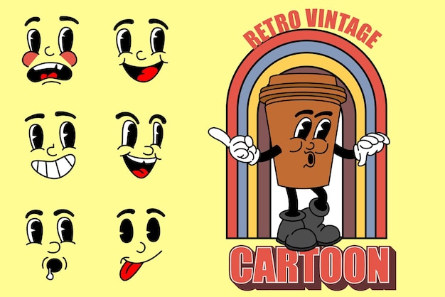 Adhesivos abstractos de dibujos animados Personaje cómico retro con expresiones faciales