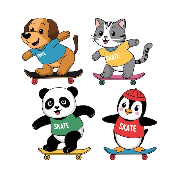 Adhesivos de animales en conjunto Adhesivos vectoriales de patineta