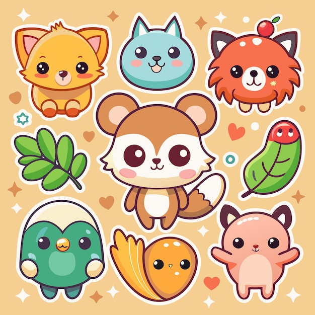 Adhesivos de animales de dibujos animados con ojos grandes, mejillas rosadas y diseños simples.